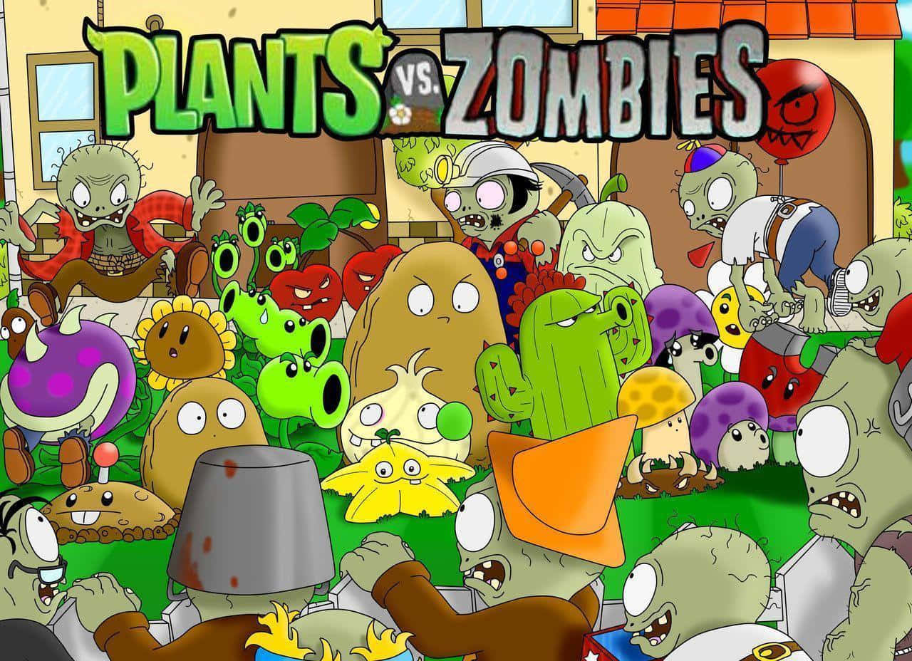 準備好迎戰的花園 壁紙 — Plants vs Zombies 中混亂的卡通場景，後院戰鬥中有綠色殭屍和色彩繽紛的植物。