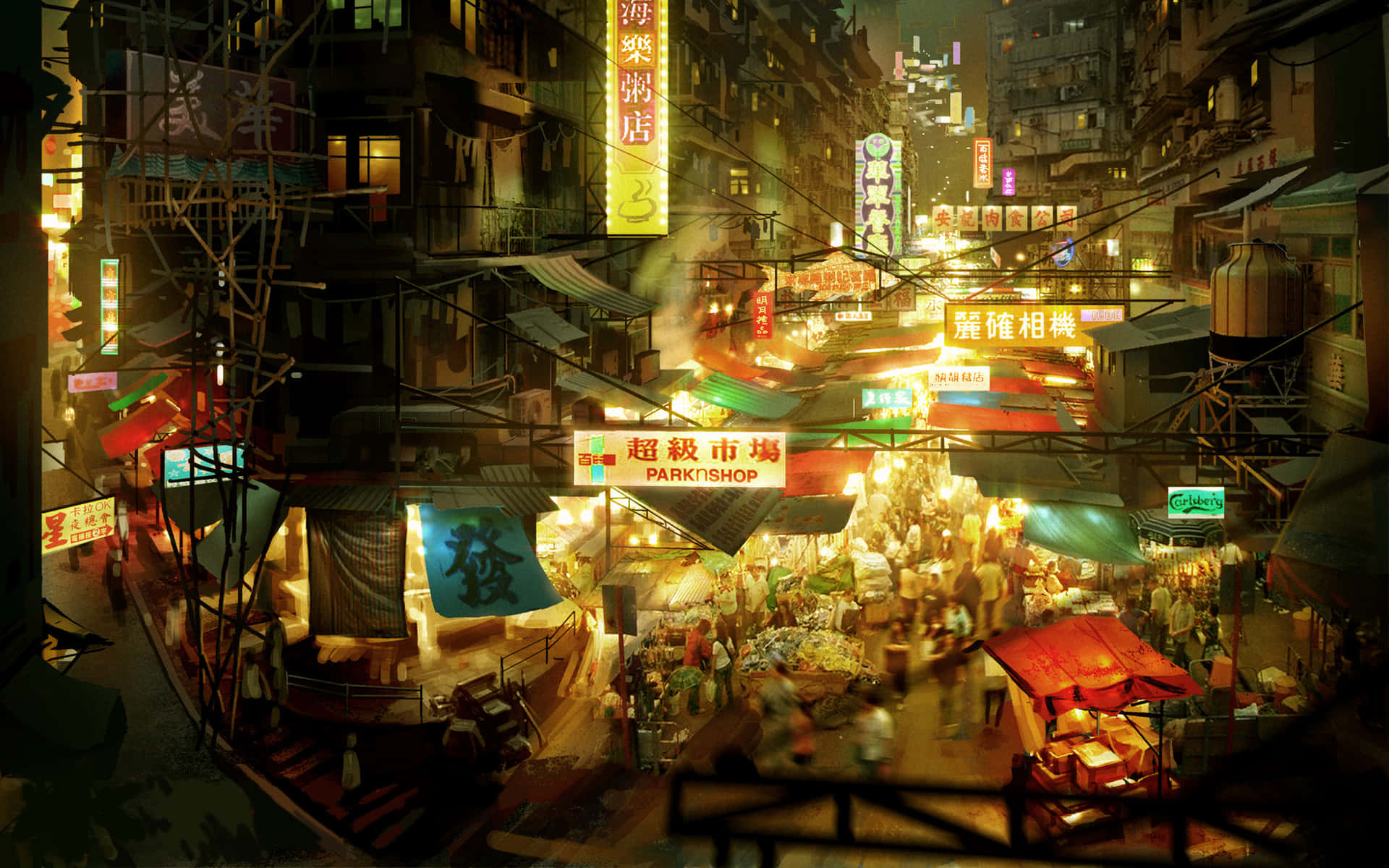 城市燈光下，夜市小巷有發光的招牌和擁擠的攤位。