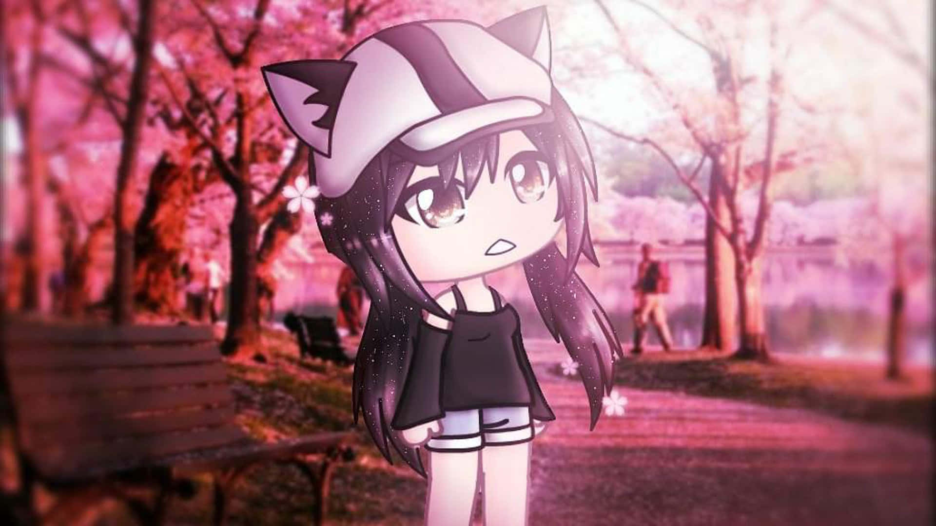 在粉紅色櫻花公園裡的貓耳動漫女孩
