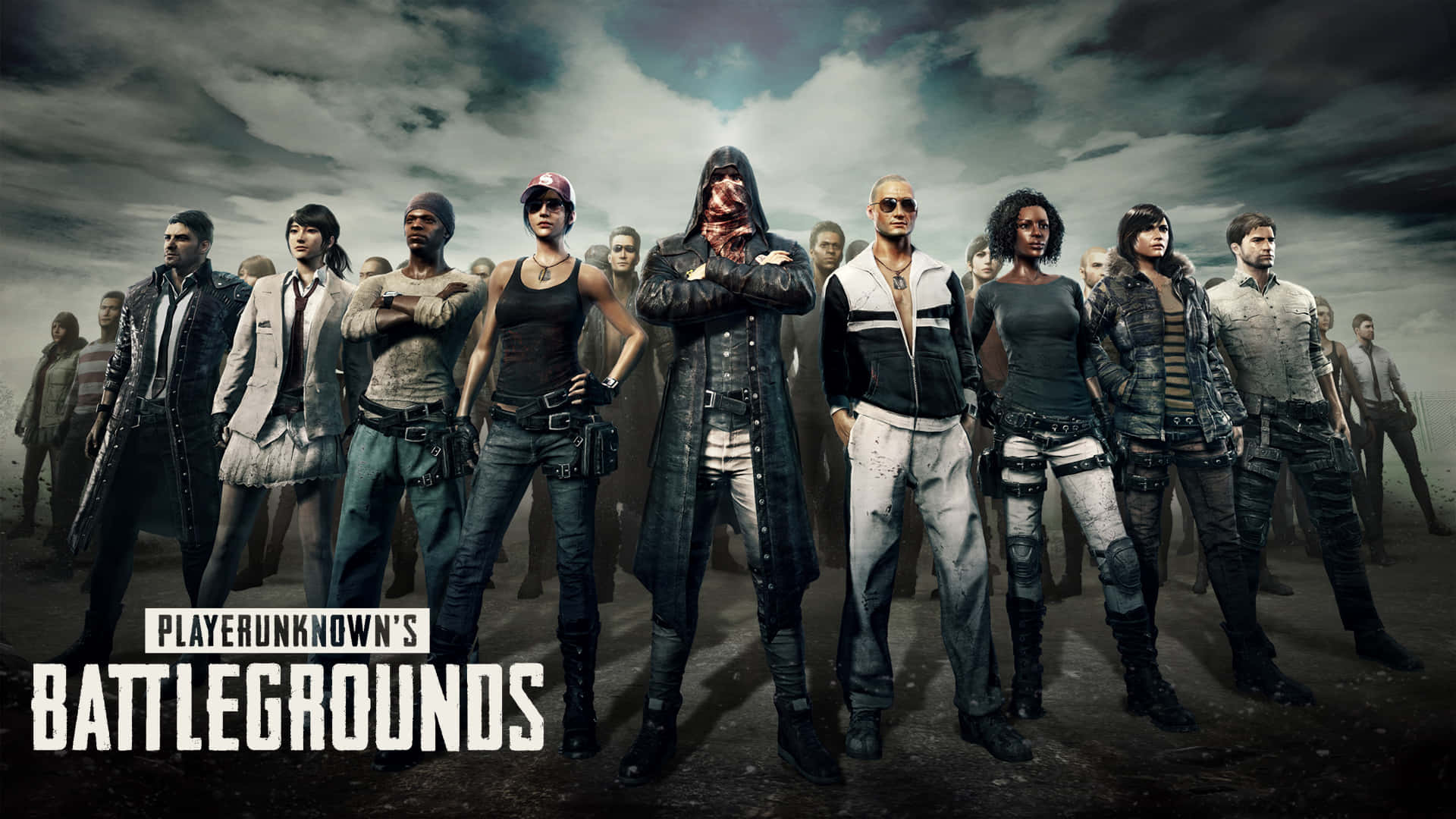 準備好迎接勝利的榮耀吧。 壁紙 — 一群多元化的 battle royale 角色在風暴天空下自信地站立，呈現出 gritty 的電影感宣傳圖片。
