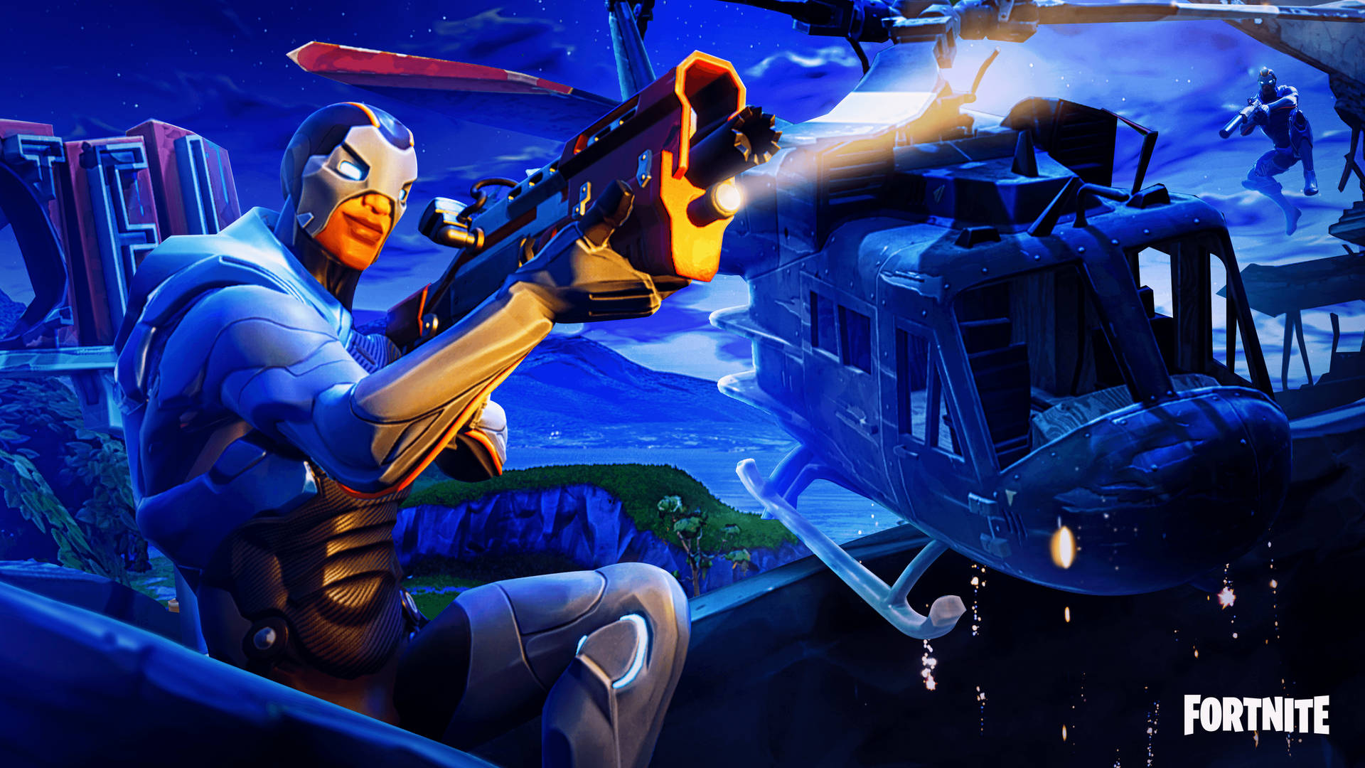 Fortnite角色在夜間向直升機開火
