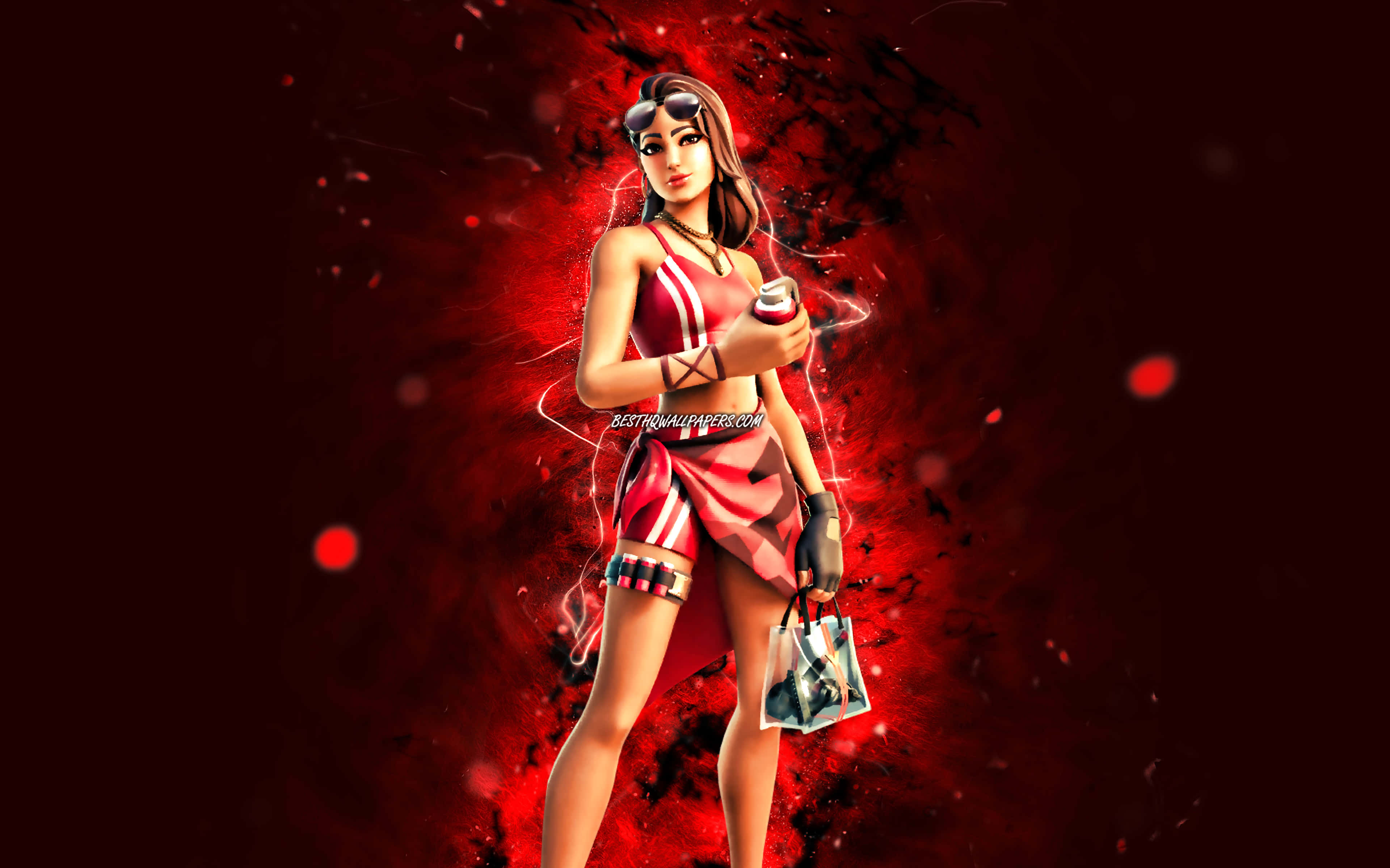 準備好迎接戰鬥吧！《Fortnite》第8季戰鬥包的Ruby皮膚 壁紙 — 一個風格化的女性角色穿著紅色運動服，自信地站在動態的紅色能量爆發背景前。