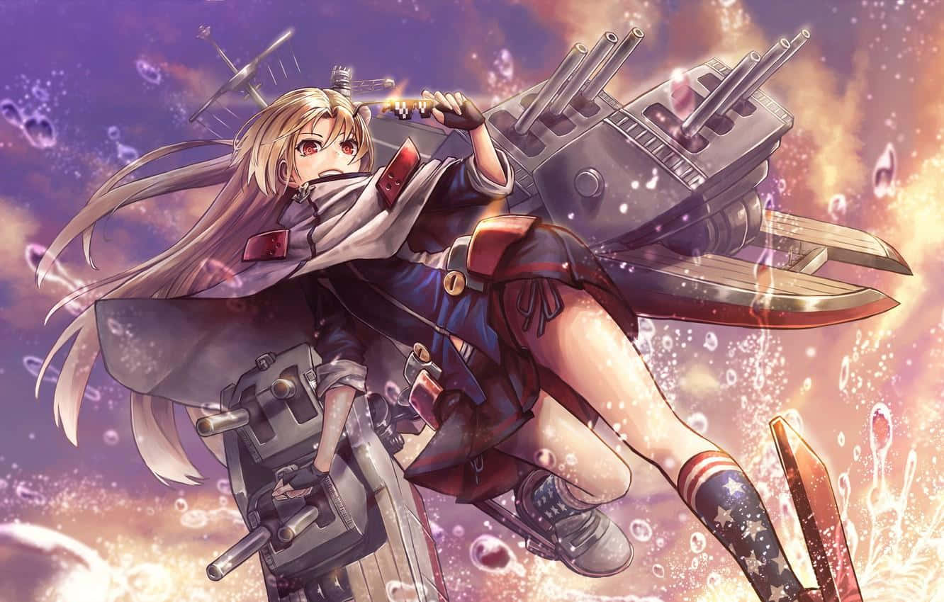 金髮動漫女孩乘著戰艦穿越閃爍的天空。