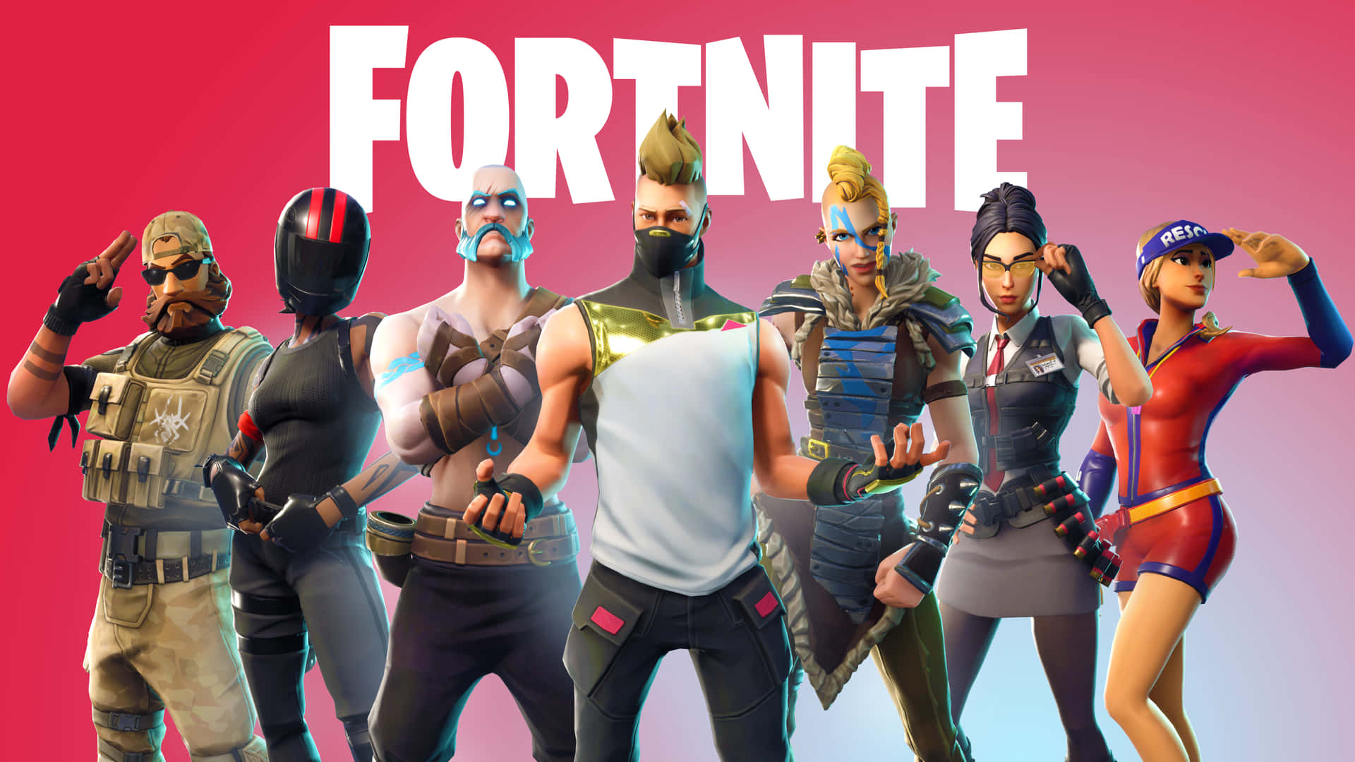 六個Fortnite遊戲角色在粉紅色漸變背景上擺出動態姿勢。