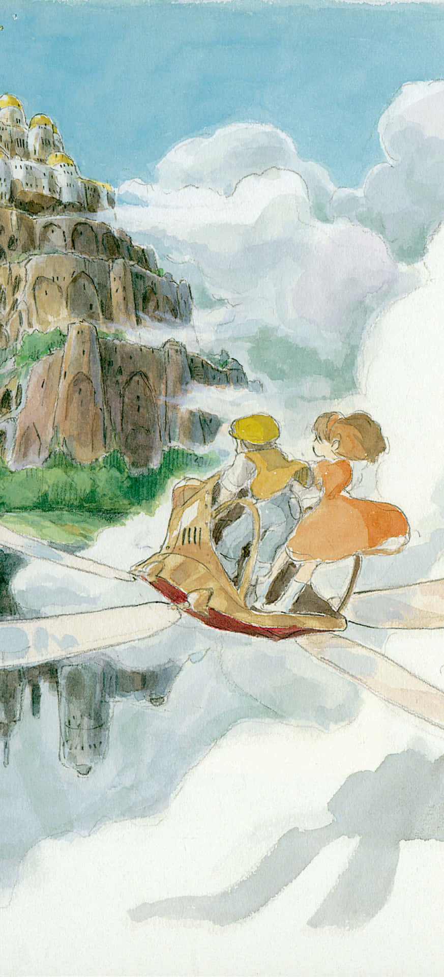 兩個小孩在小船上漂浮在雲層中，靠近懸崖上的城堡。