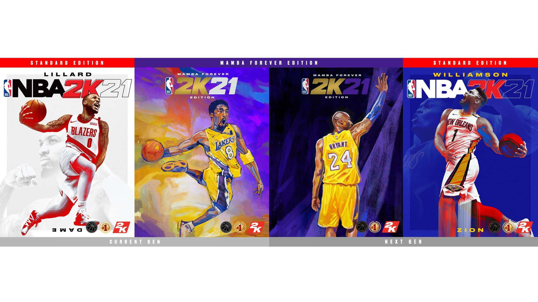 準備好開始玩吧！ 壁紙 — 四張NBA 2K21封面藝術肖像，描繪籃球運動員在鮮豔彩色背景前擺出動態姿勢。
