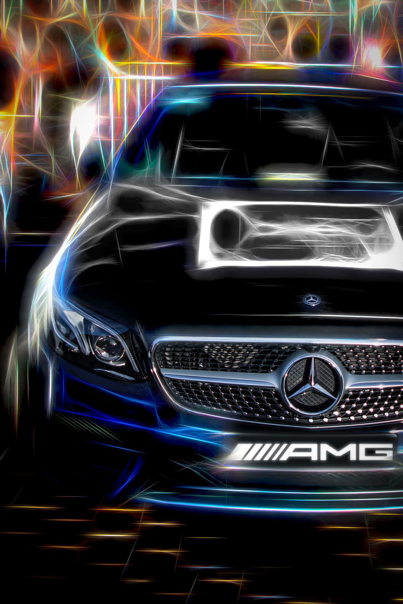 黑色Mercedes-AMG汽車在黑暗抽象背景上帶有霓虹燈效果
