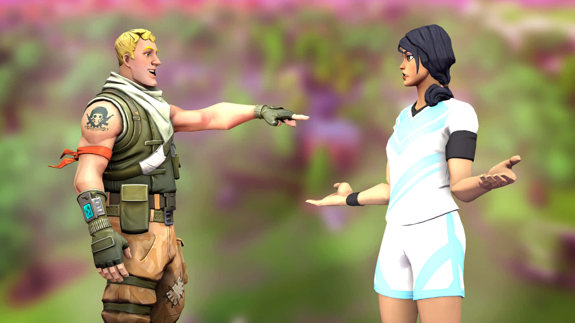 兩個 Fortnite 角色在色彩繽紛的花園中爭吵。