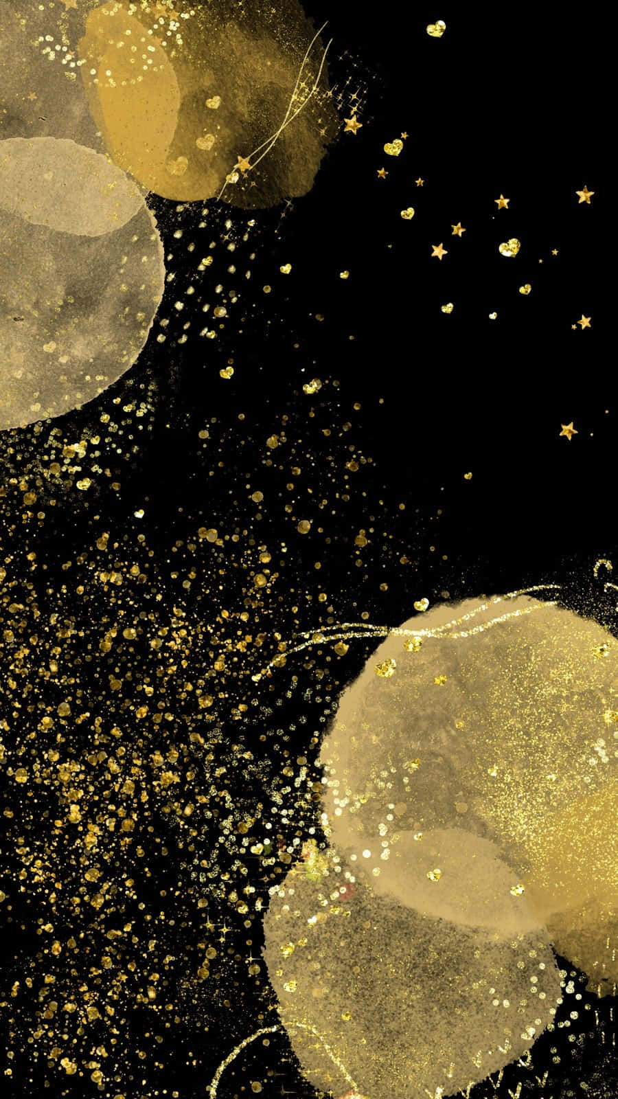 準備展現黑金光芒 壁紙 — 金色閃閃發光的球體和星星在深黑色背景上漂浮，形成夢幻般的抽象構圖。
