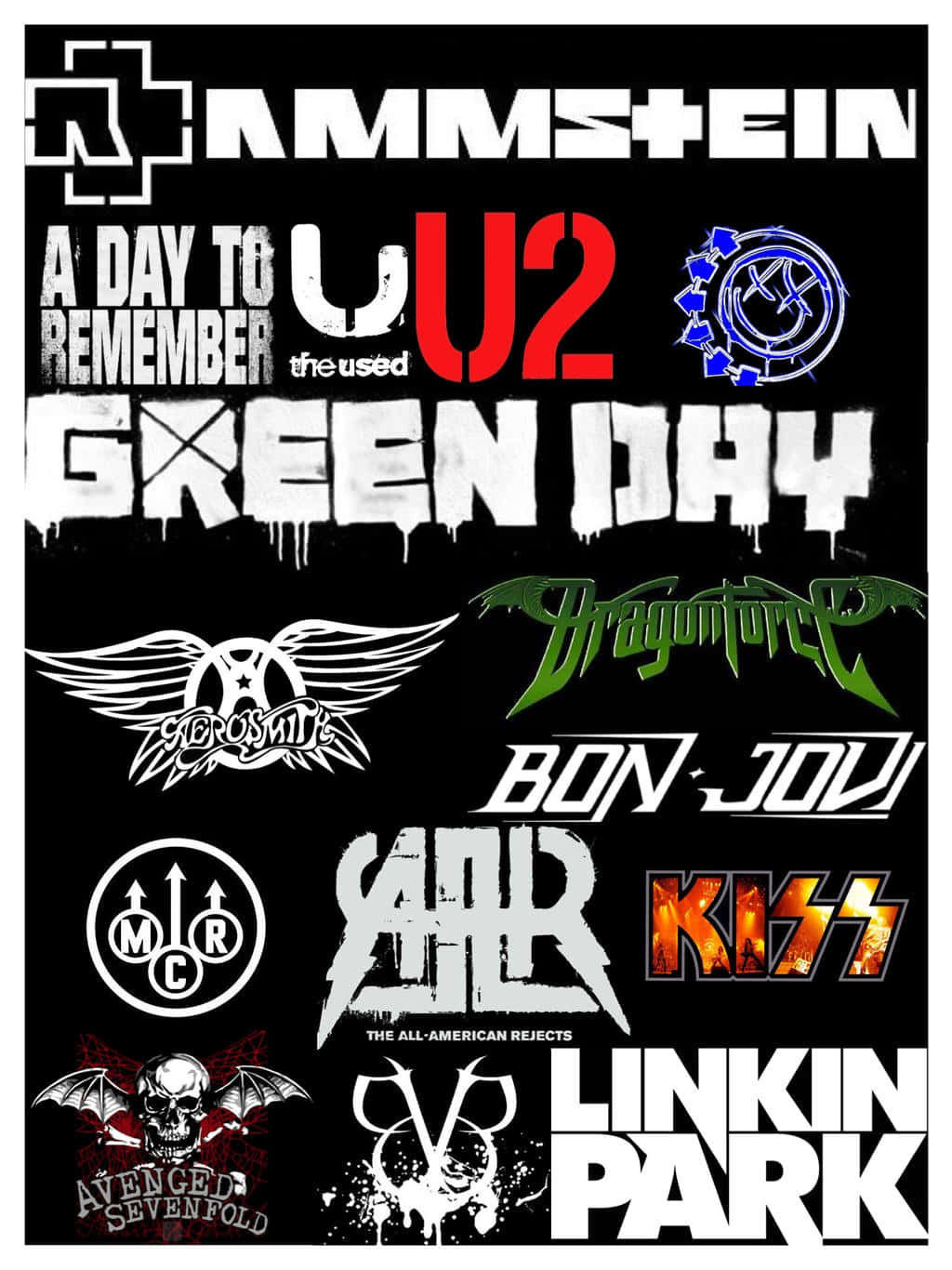 黑色背景上的搖滾樂隊標誌拼貼畫，包括 U2、Green Day 和 KISS。