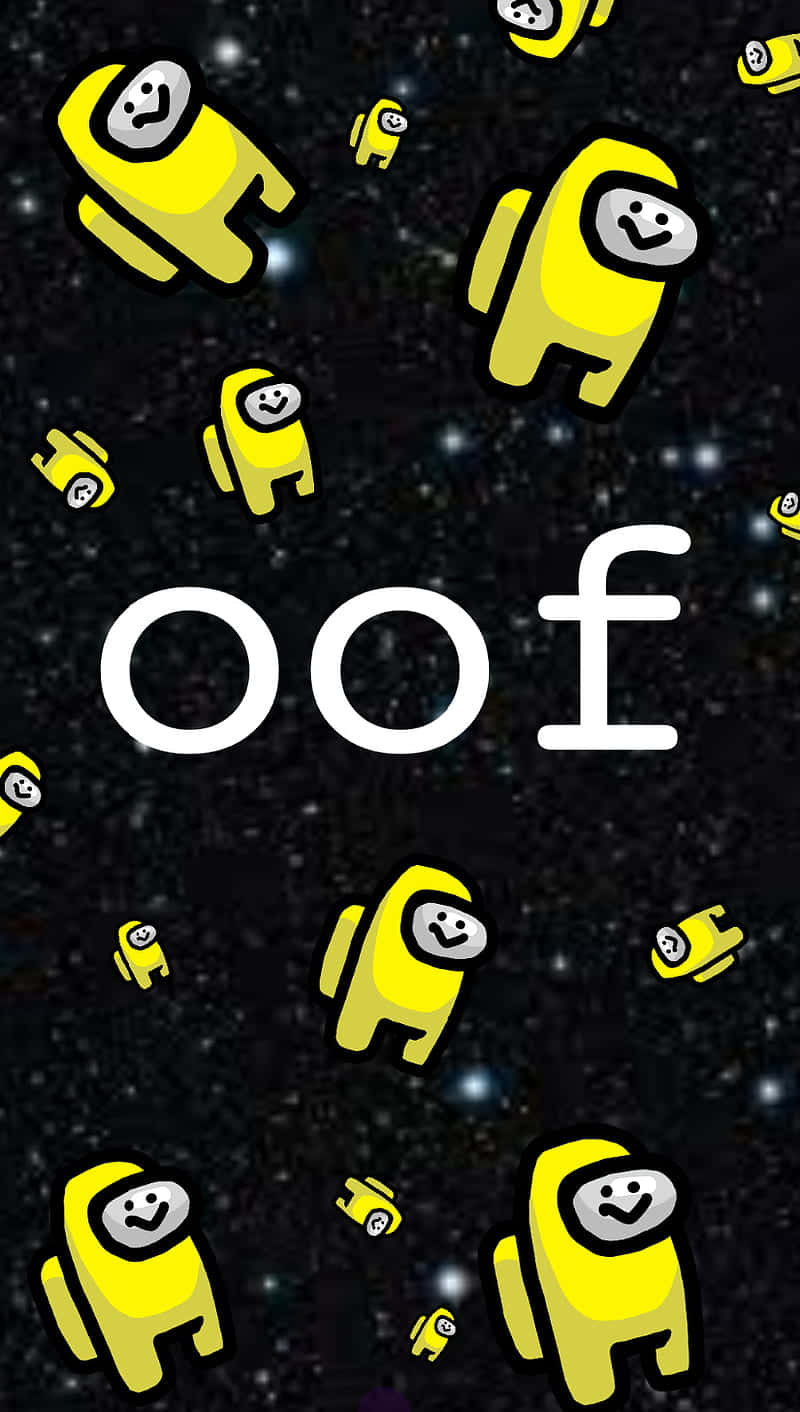 準備成為最棒的Roblox新手吧！ 壁紙 — 黃色Among Us角色在繁星點點的太空背景中漂浮，並突出顯示了oof這個詞。