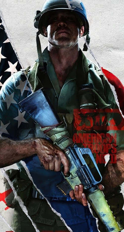 身穿制服的美國士兵手持步槍，身後有破損的旗幟。