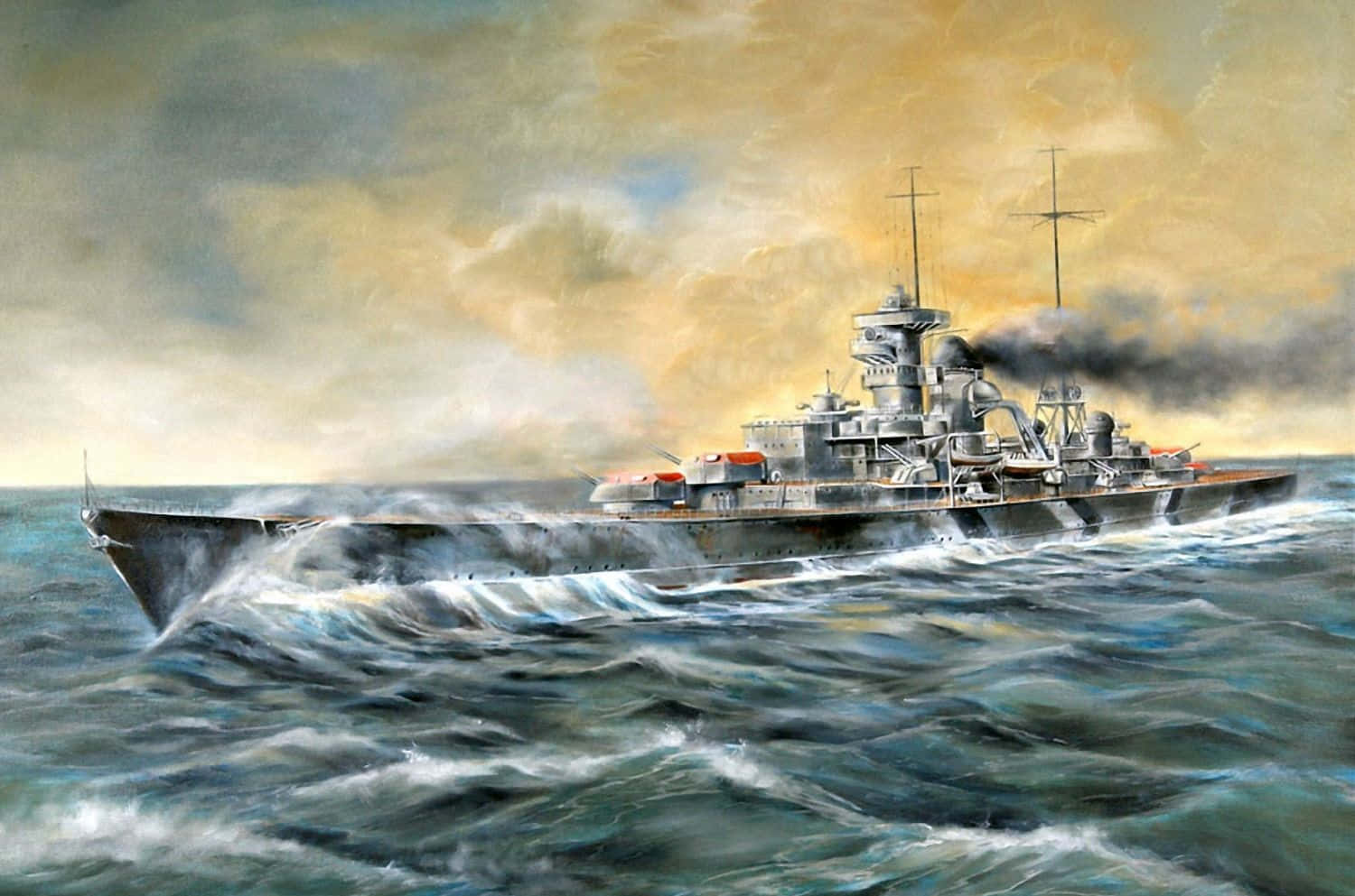 「準備戰鬥！」 壁紙 — 一艘巨大的戰艦在戲劇性的多雲天空下，穿越洶湧的海浪，煙囪冒著濃煙。