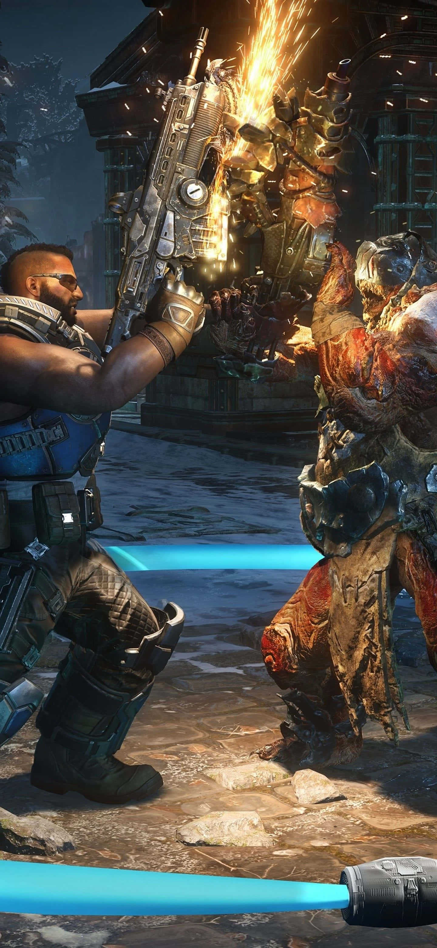 準備戰鬥：Android Gears of War 5 壁紙 — 一名士兵在 gritty 的城市戰鬥場景中，用發光的武器向一個怪物般的敵人開火，火花四濺。