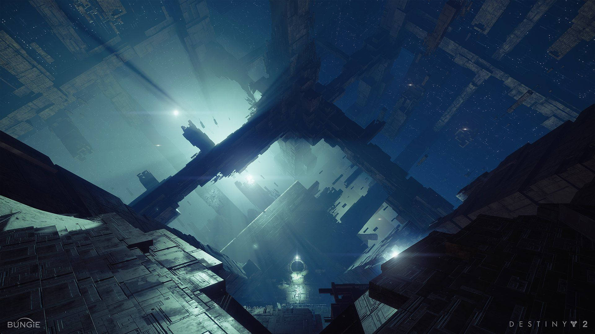 準備戰鬥，對抗黑暗：《Destiny 2：Shadowkeep》 壁紙 — 一座廣闊的未來城市漂浮在深空，發光的燈光穿透大氣霧霾。
