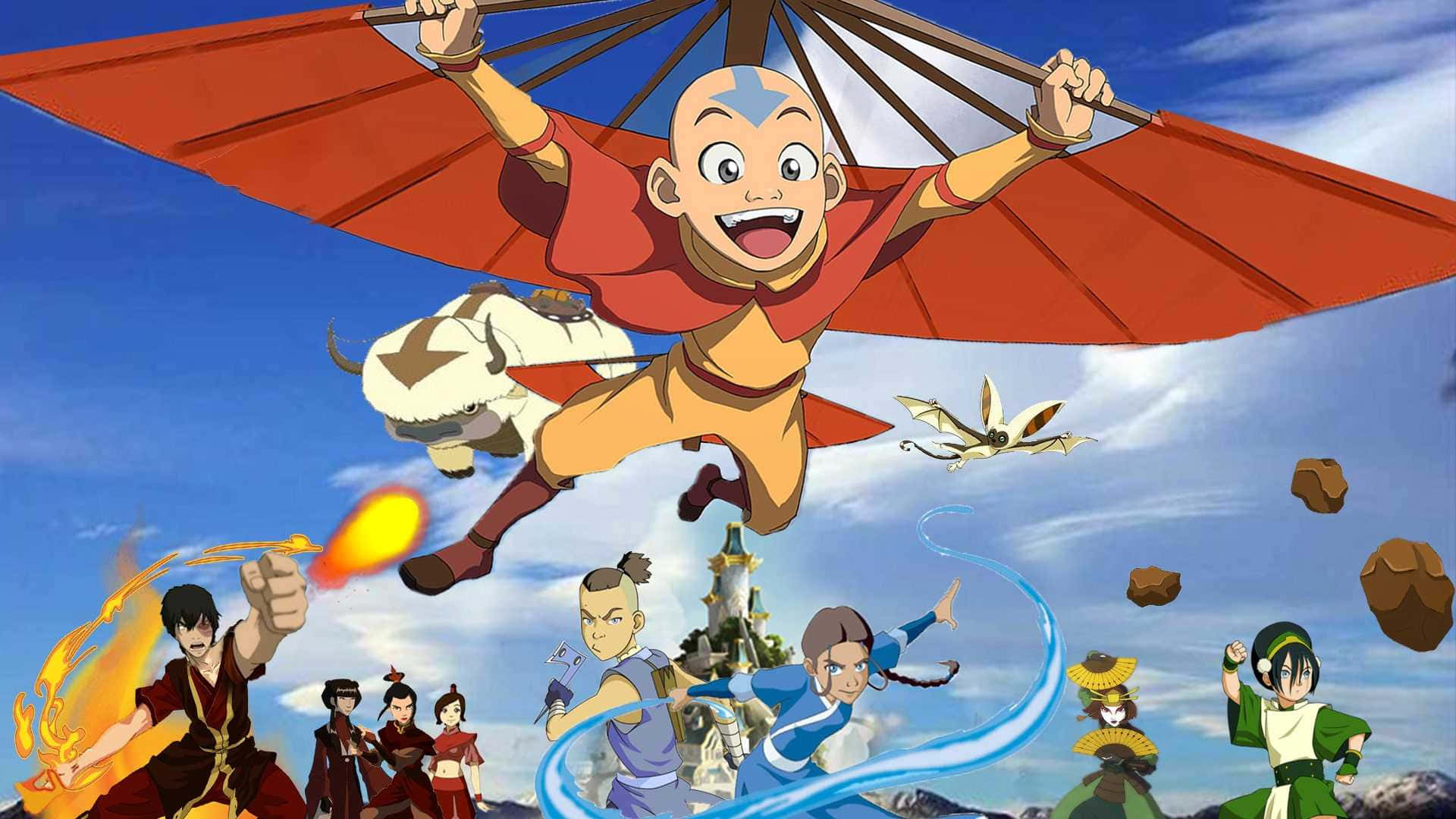 準備投入全情投入的旅程 壁紙 — 一個快樂的動畫男孩在明亮的藍天下，乘著紅色降落傘，飛翔在一群元素彎曲英雄之上。