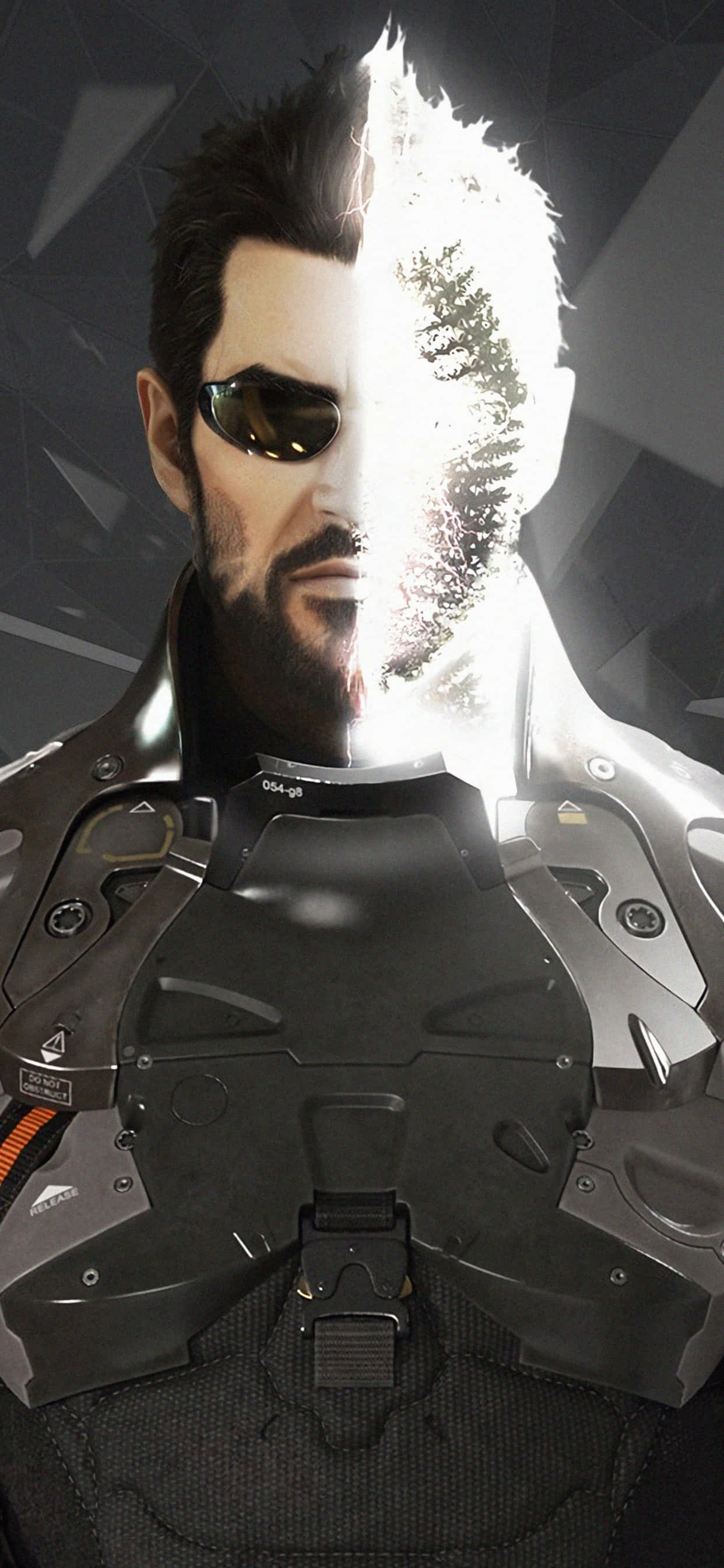 準備探索《Deus Ex: Mankind Divided》宇宙，揭開神秘面紗？ 壁紙 — 一個賽博龐克戰士的臉從中間分裂，一邊顯示他陰沉的表情，另一邊則發光呈現森林剪影。