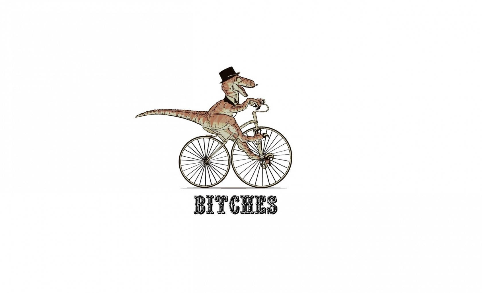 戴高帽的恐龍騎復古單車，文字BITCHES