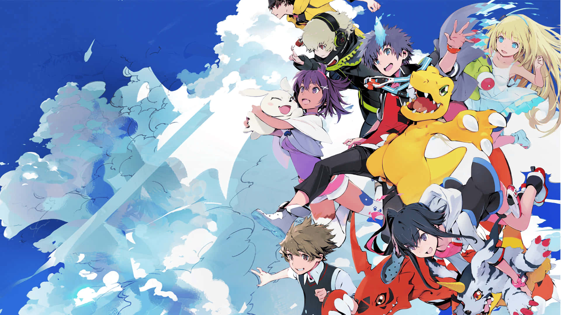 準備探索數位世界吧！Digimon！ 壁紙 — 一個充滿活力的動畫組，孩子們和他們色彩繽紛的數碼寶貝在明亮的藍天中跳躍，天空中有旋轉的雲朵。