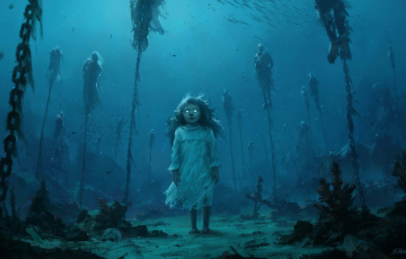 準備探索海底恐懼海洋的深邃奧秘 壁紙 — 一個發光眼睛的鬼魂小孩獨自站在深藍色水下廢墟中，周圍環繞著懸掛的鎖鏈和幽靈般的身影。