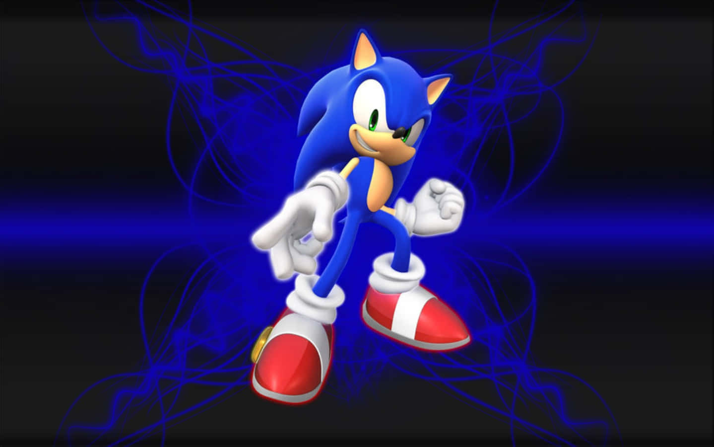 準備探索經典索尼克遊戲的新關卡！ 壁紙 — Sonic the Hedgehog 在黑暗背景前動態地站立，發光的藍色能量線在他周圍旋轉。