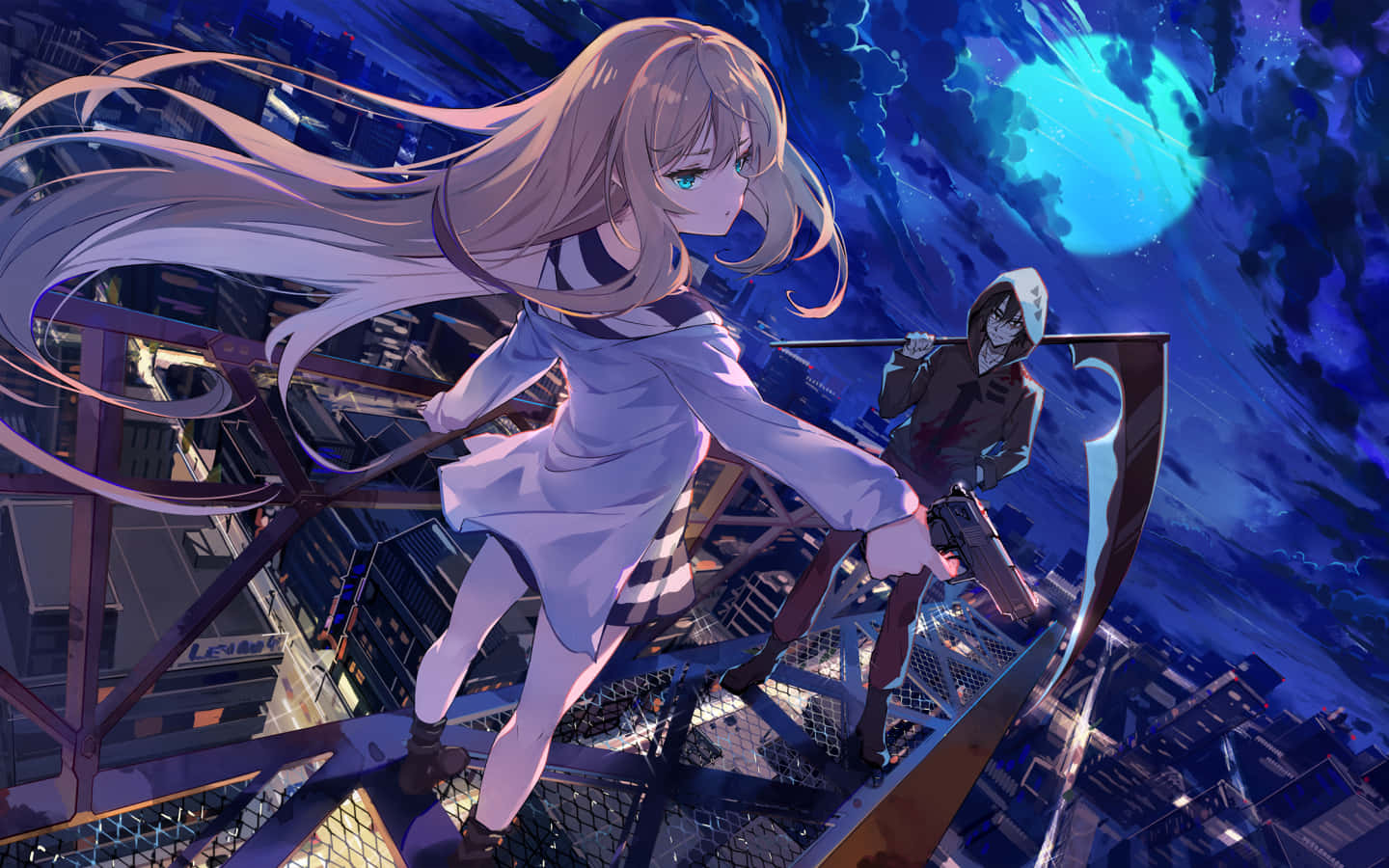 準備揭開《Angels Of Death》的黑暗秘密 壁紙 — 一個金髮動漫女孩穿著白色連衣裙，夜晚站在摩天大樓頂上，身後有一個戴面具的人物，背景是發光的藍色月亮。