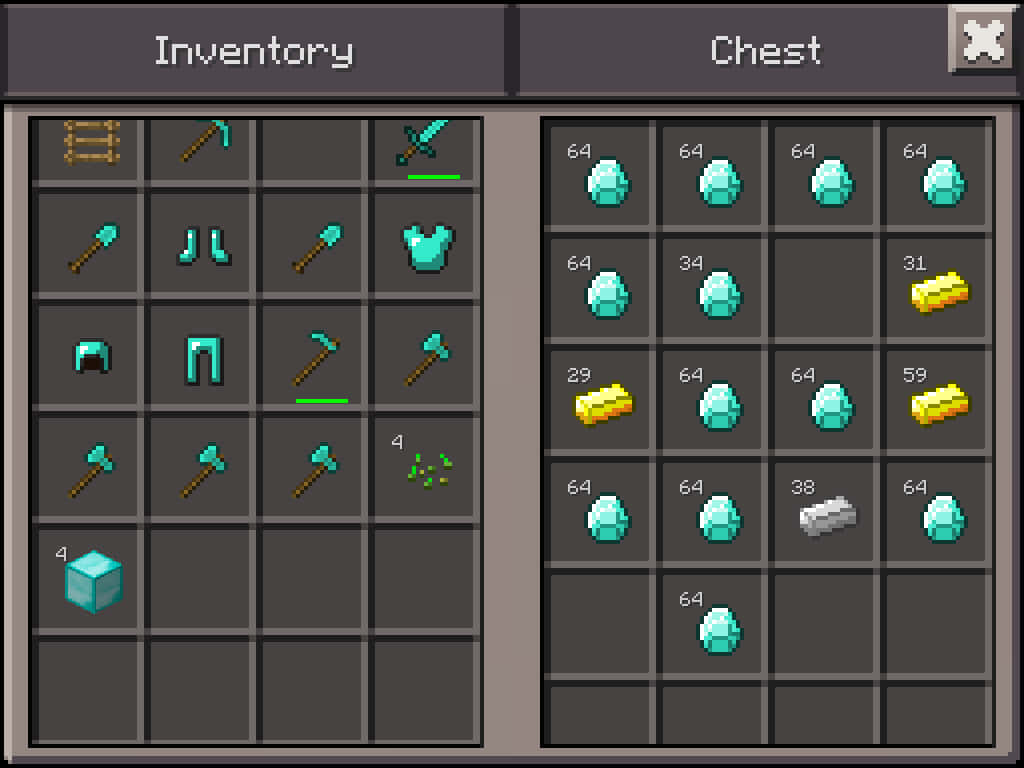Minecraft物品欄同裝滿鑽石、金錠同工具嘅箱