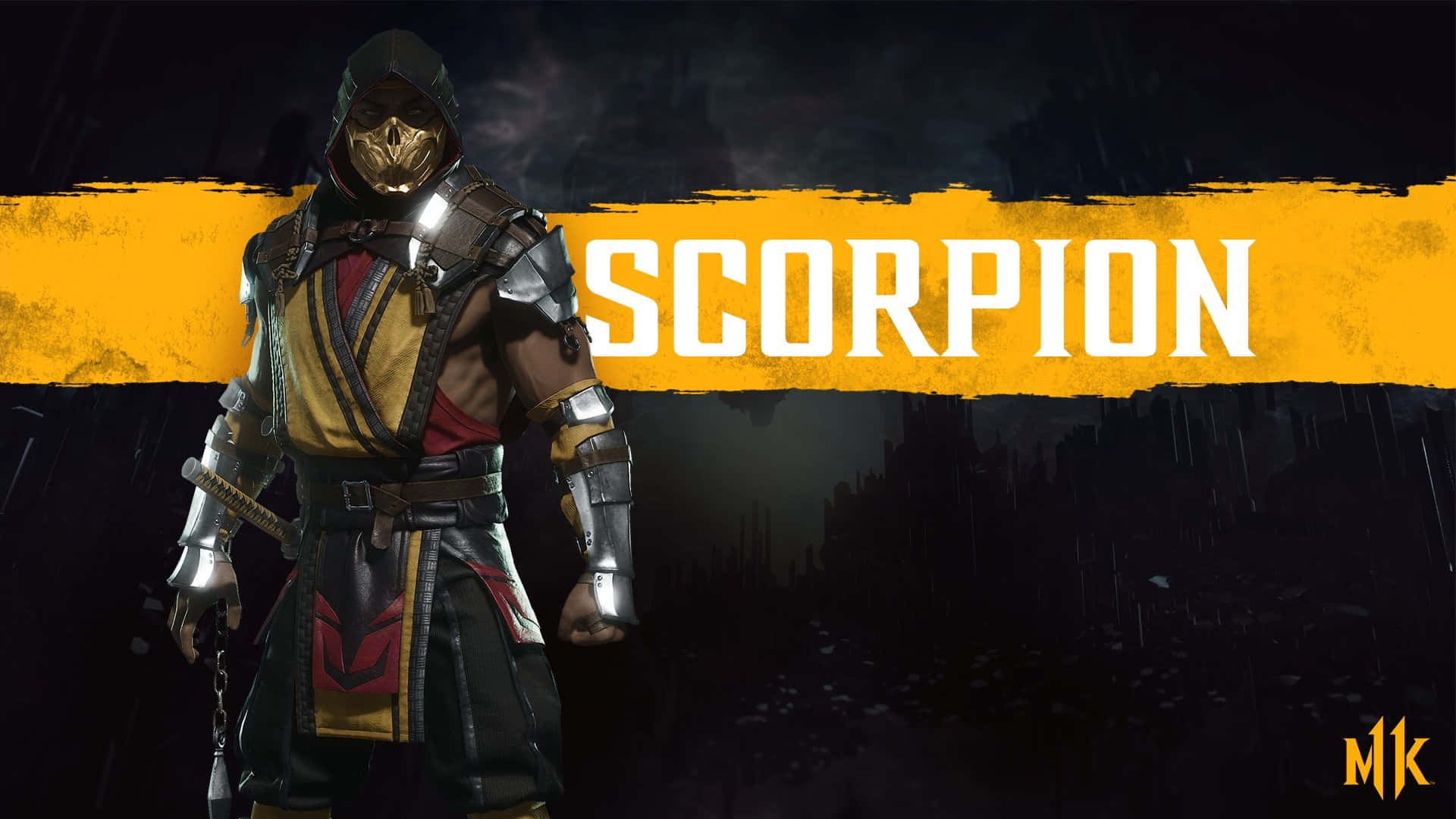 來自Mortal Kombat的Scorpion站在雨中，戴著發光面具和武器。