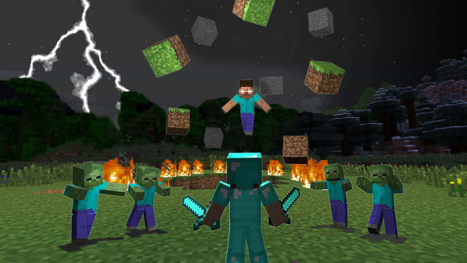 準備武器對抗《我的世界》中的神秘赫魯布林！ 壁紙 — Minecraft 玩家在落下的方塊中跳躍，而殭屍在閃電風暴下圍繞著營火。