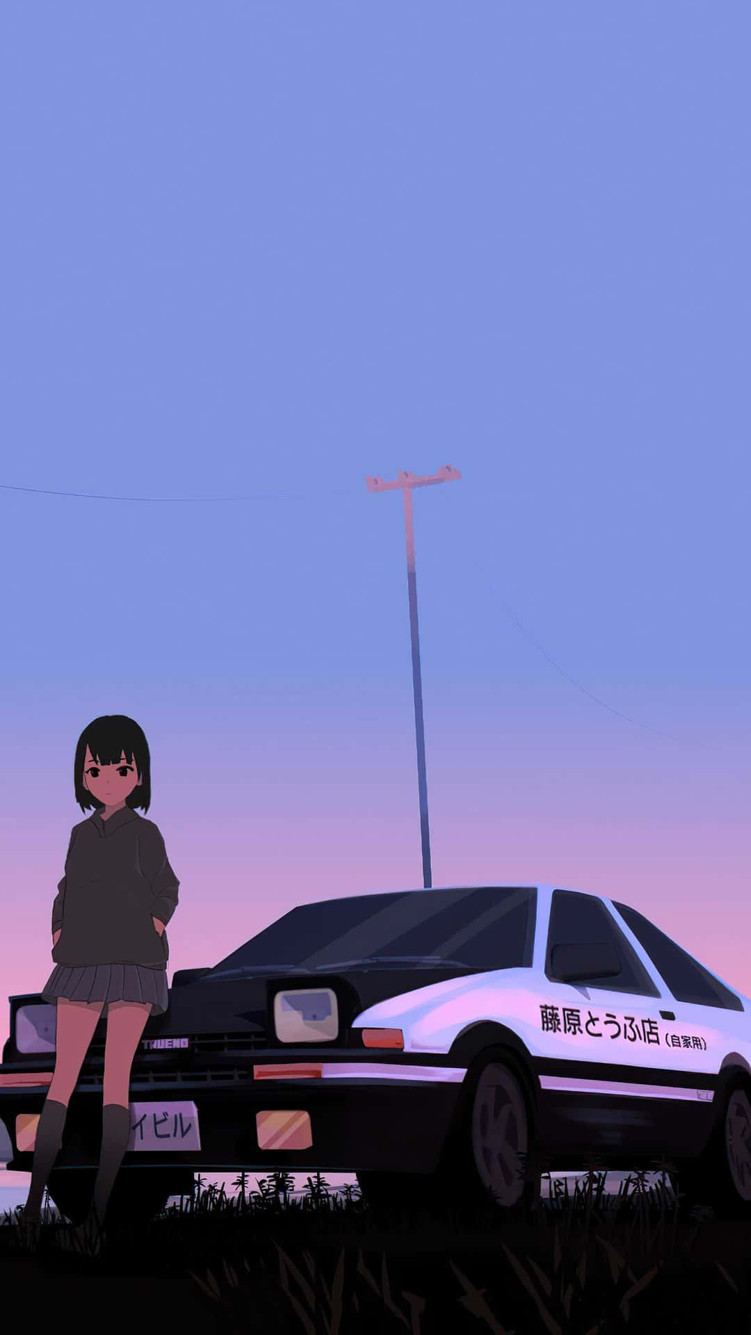 動漫女孩在黃昏時站在AE86車旁 紫色藍色天空