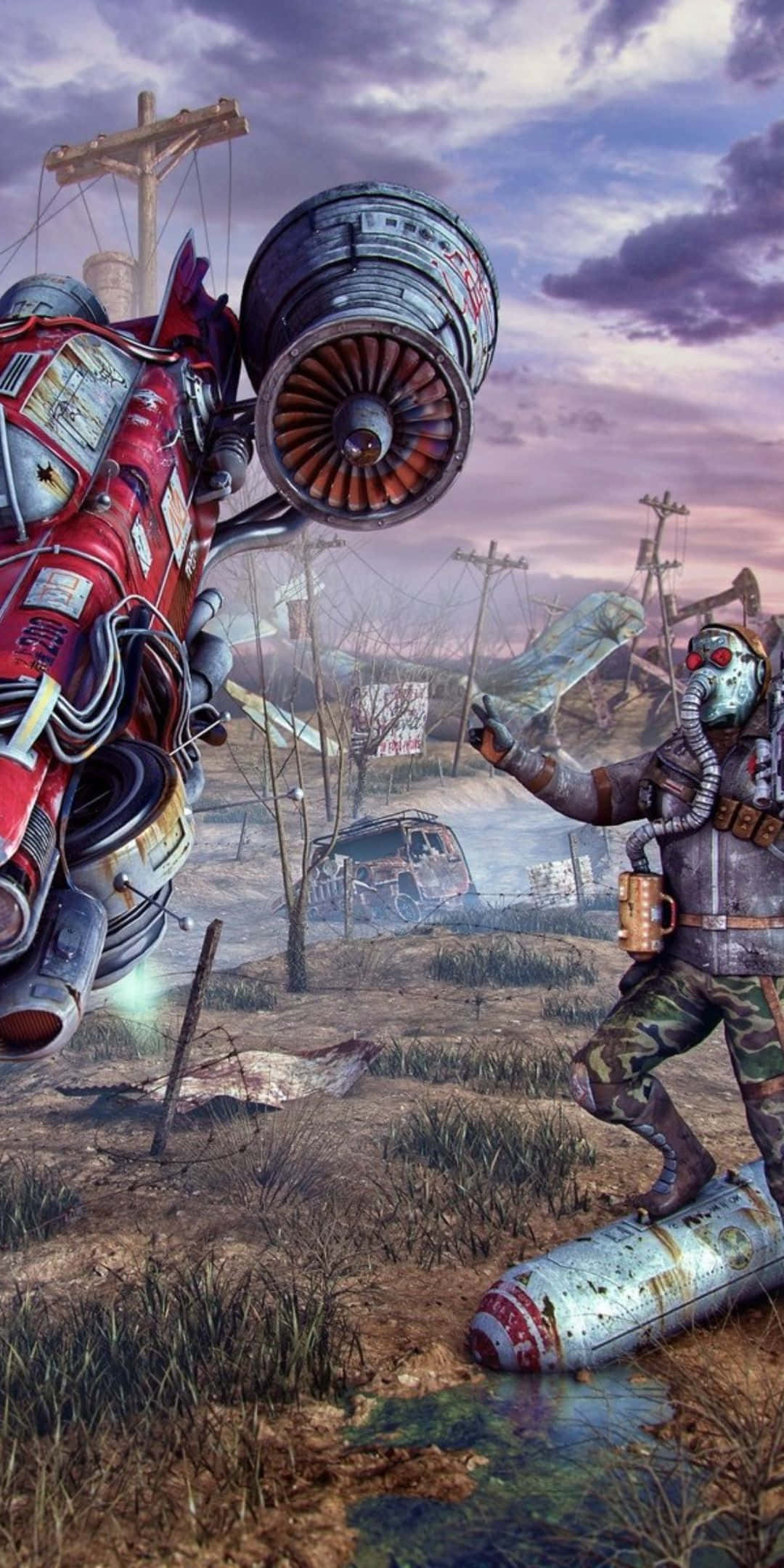 準備用 Pixel 3 探索 Fallout 76 的廢土 壁紙 — 一名戴著防毒面具的末日後戰士，在黃昏的廢墟景觀中與巨型機械生物戰鬥。