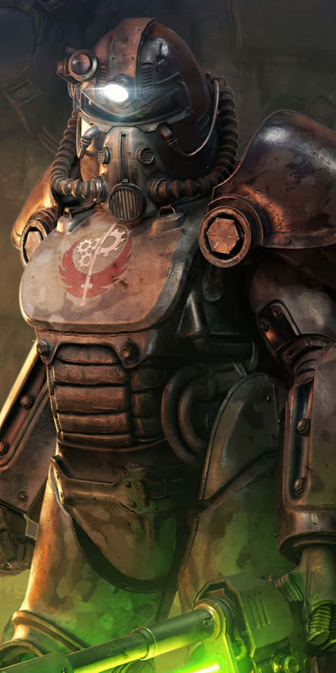 準備用強勁的 Pixel 3 探索 Fallout 76 的廢土 壁紙 — 一名身穿生鏽動力裝甲的重裝廢土戰士，在昏暗燈光下閃爍著綠色武器。