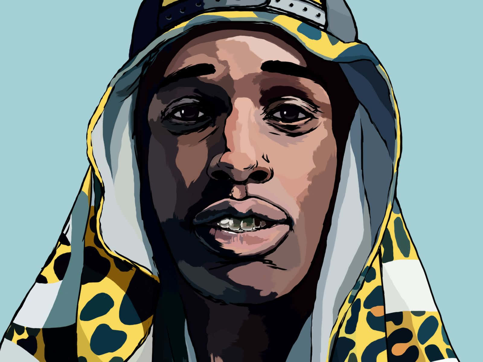 準備登台演出 - ASAP Rocky 壁紙 — 一個風格化的數碼肖像，一名男子穿著豹紋連帽衫和向後戴的帽子，背景為純青色。