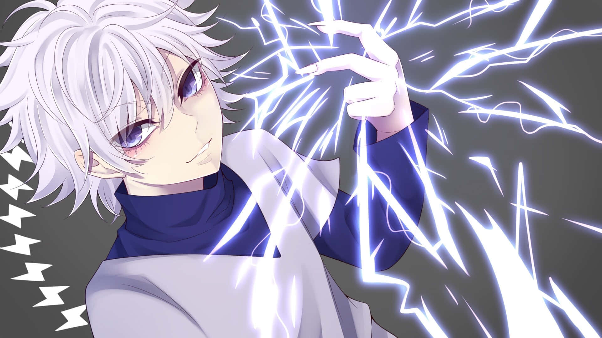 準備與 Killua 一同征服世界！ 壁紙 — 白髮藍眼的動漫男孩，在深灰色背景前從手中釋放出噼啪作響的白色閃電。