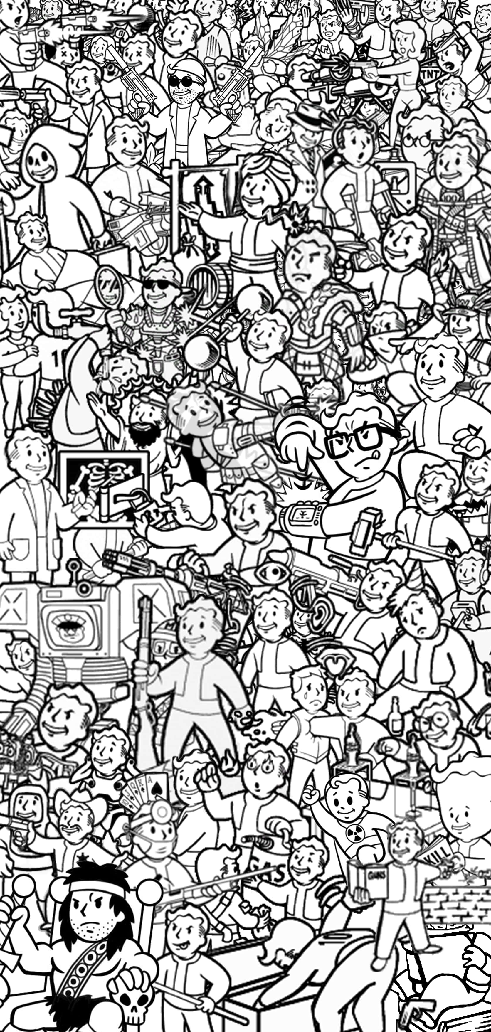 準備與 Vault-Boy 一起冒險！ 壁紙 — 一幅密集的黑白插圖，充滿數百個不同卡通角色，以混亂重疊的姿勢呈現。