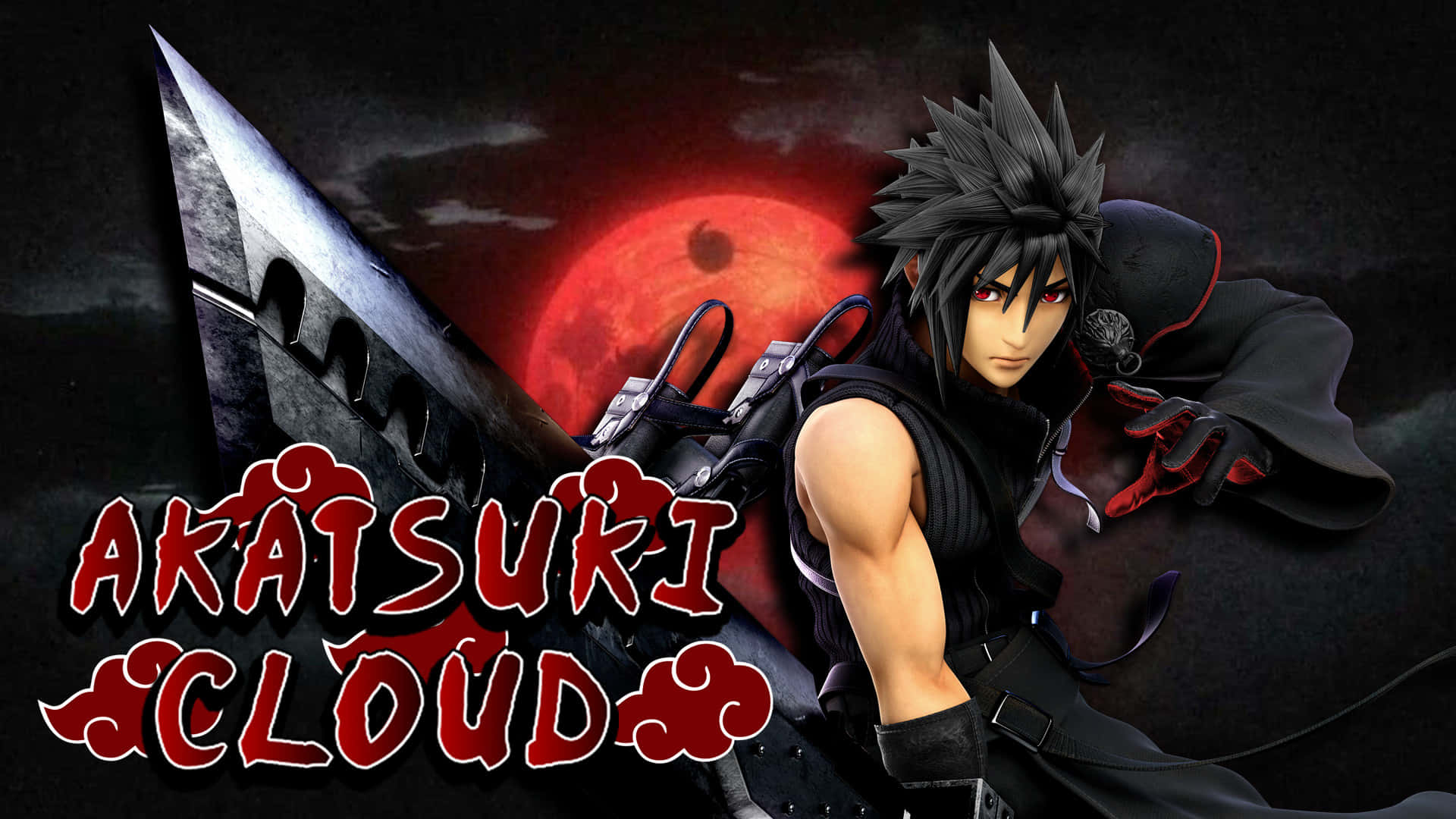 動漫戰士 Akatsuri Cloud 紅眼黑斗篷，手持大劍，背景是紅月。