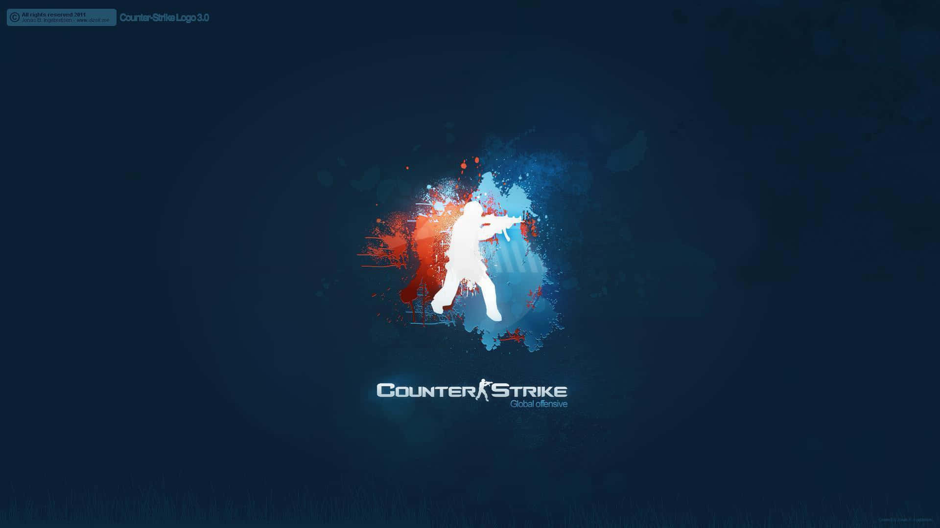 Counter-Strike 標誌，帶有白色射手剪影和紅色藍色油漆飛濺，背景為深藍色。