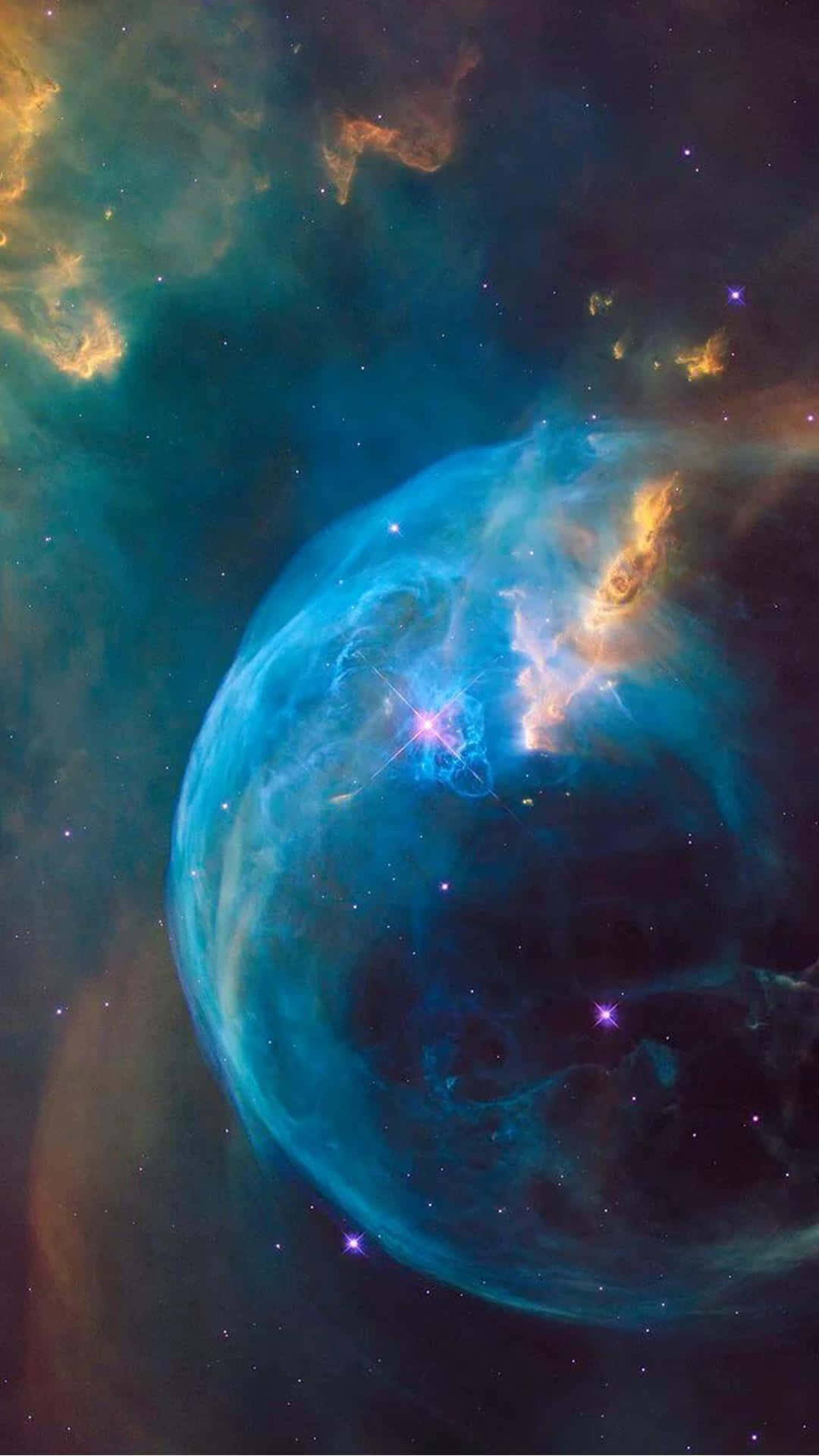 準備被星際震撼吧！ 壁紙 — 一個宇宙星雲在佈滿星辰的黑暗虛空中散發出鮮豔的藍色和橙色光芒。