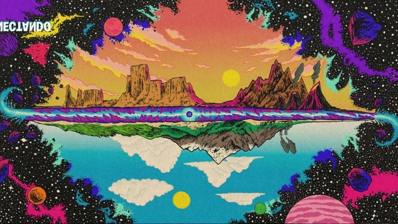 超現實的沙漠山脈倒映在宇宙河流中，天空色彩繽紛，漂浮著行星。