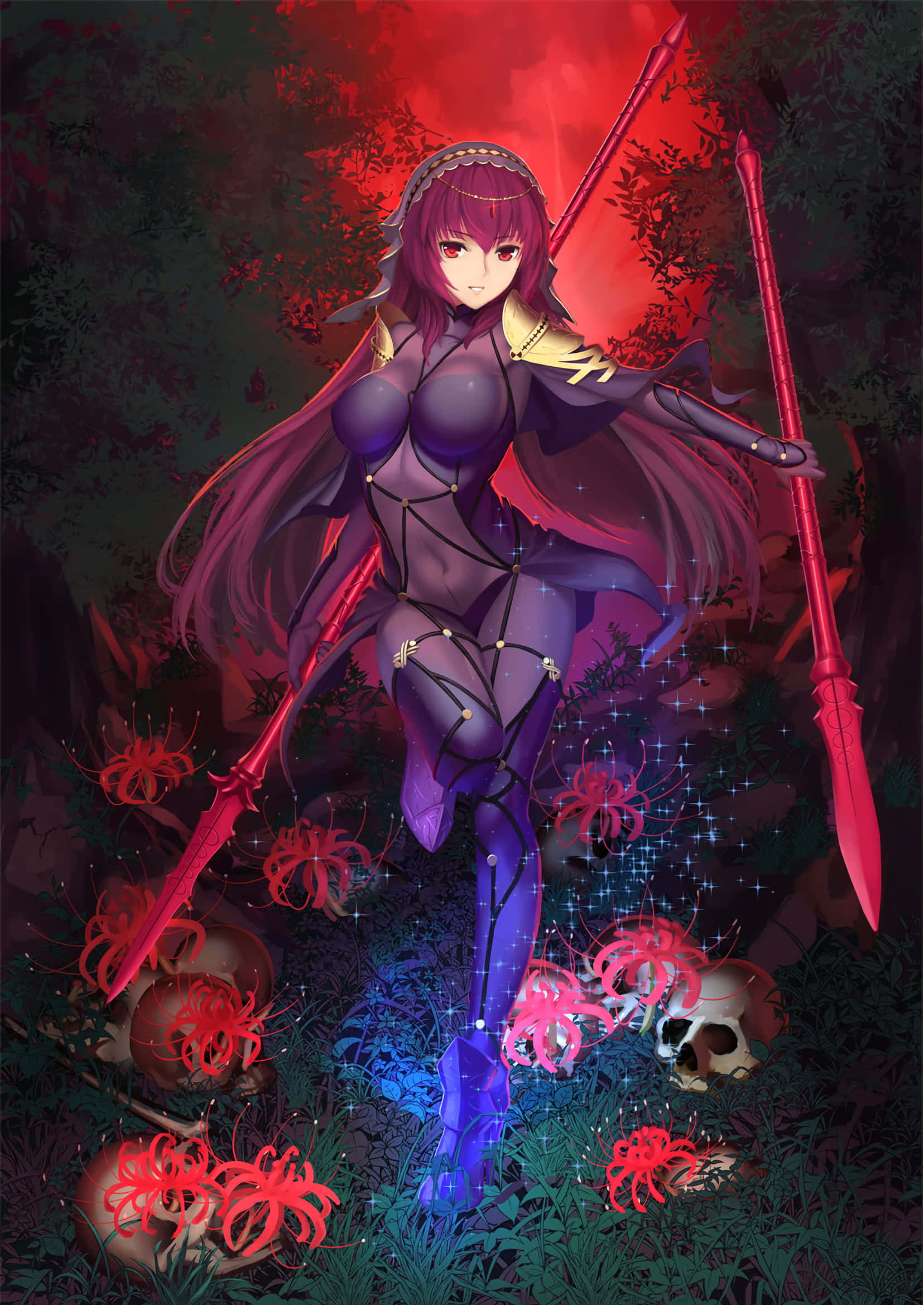 準備踏上神祕旅程？加入 Fate Grand Order 壁紙 — 一位紫髮動漫戰士站在黑暗森林中，手持兩把紅色長矛，周圍環繞著發光的紅色蜘蛛百合和頭骨。