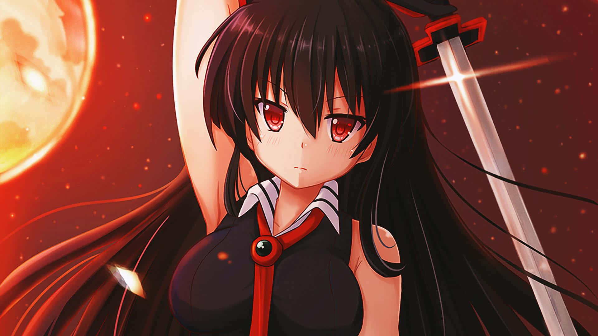 準備踏上與《Akame Ga Kill》的壯闊旅程 壁紙 — 紅眼黑髮的動漫女孩在熾熱的橙色宇宙背景下手持發光劍。