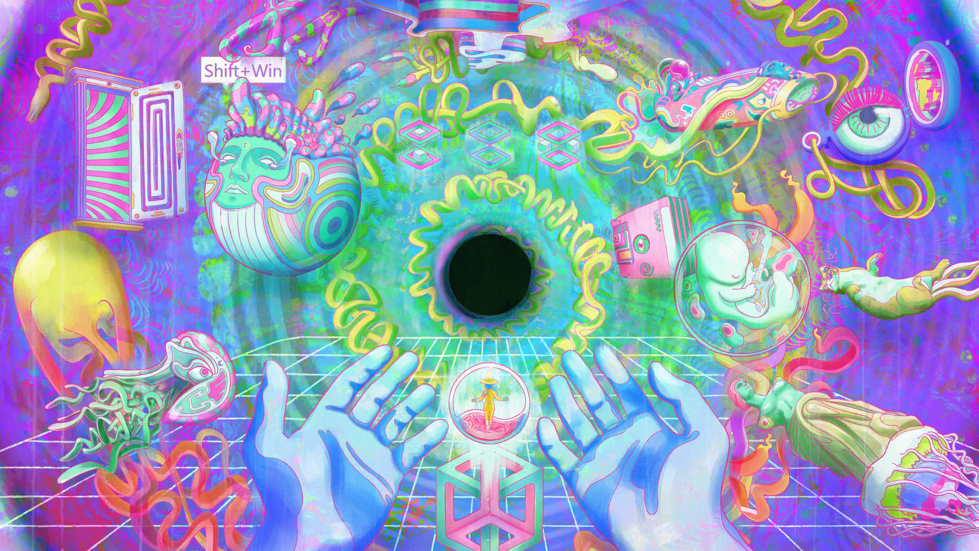 在超現實的數位景觀中，手伸向一個發光的傳送門，周圍有外星生物和霓虹科技。