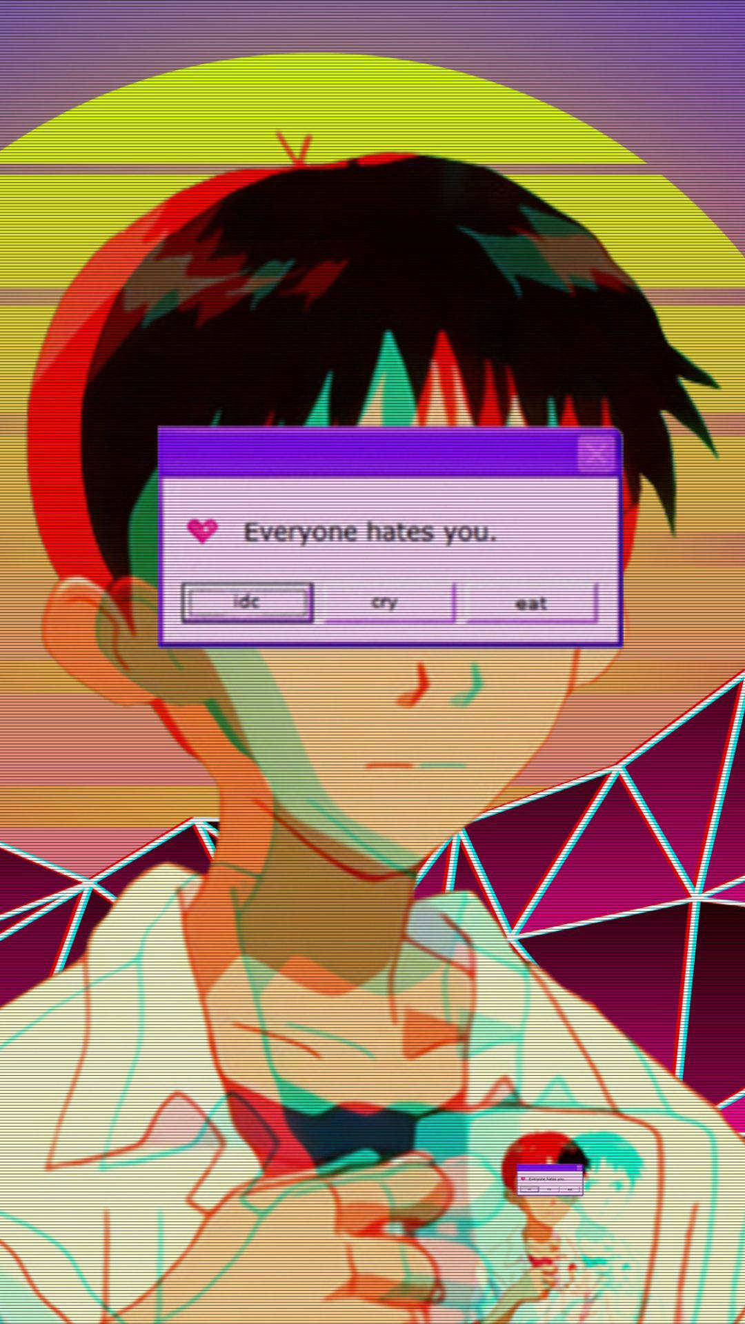 準備迎戰！ Evangelion 主題手機 壁紙 — 一個帶有故障效果的動漫男孩，眼睛上方有一個彈出視窗，上面寫著「每個人都討厭你」，背景是充滿活力的日落。