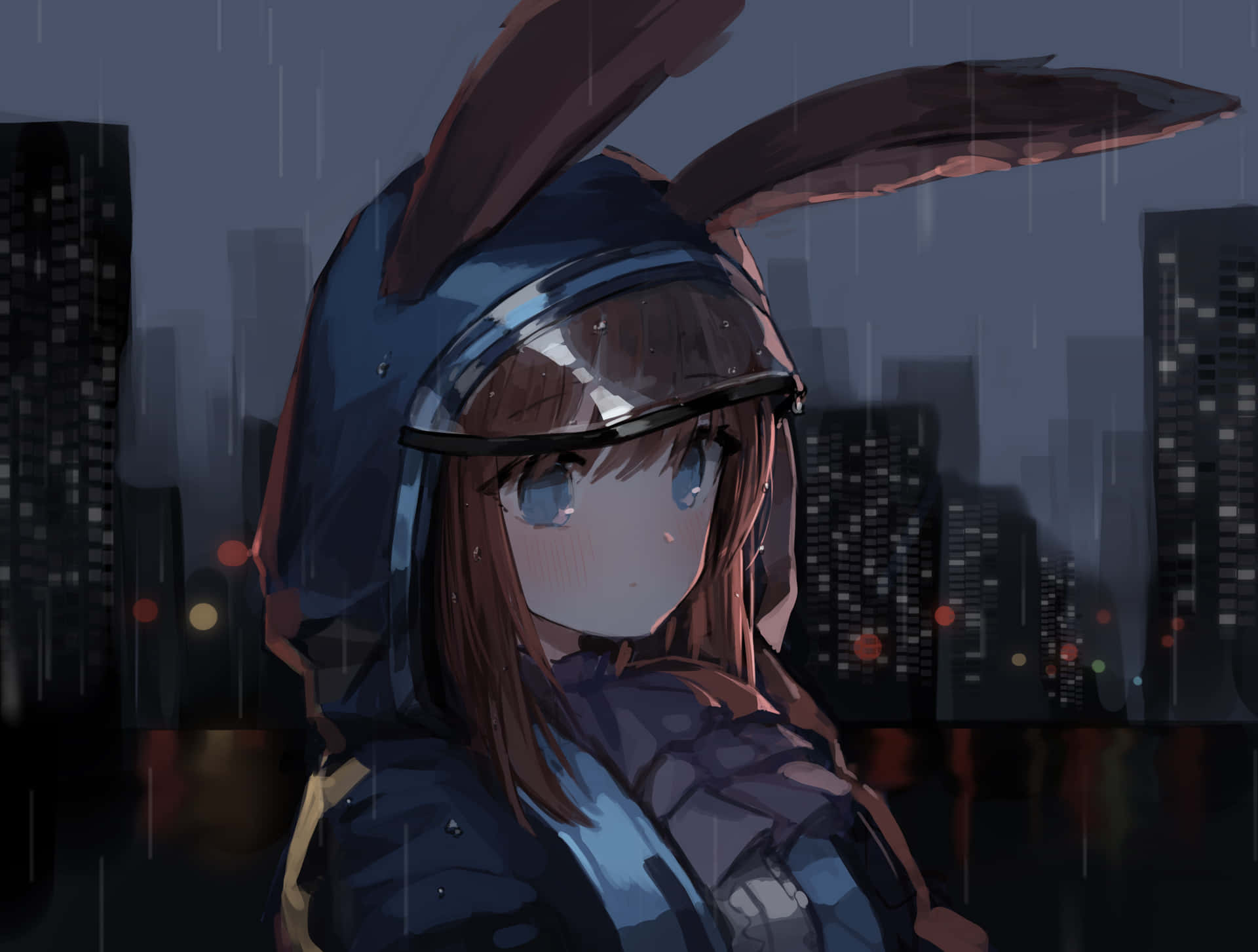 動漫女孩穿著兔仔帽，在雨中站在城市天際線前，背景是夜晚。