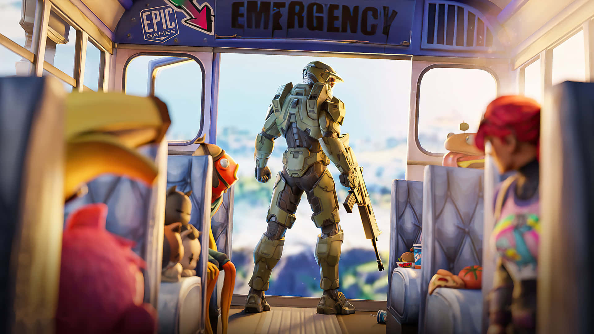 Halo 士兵站在巴士內，與 Fortnite 角色和毛絨玩具一起。