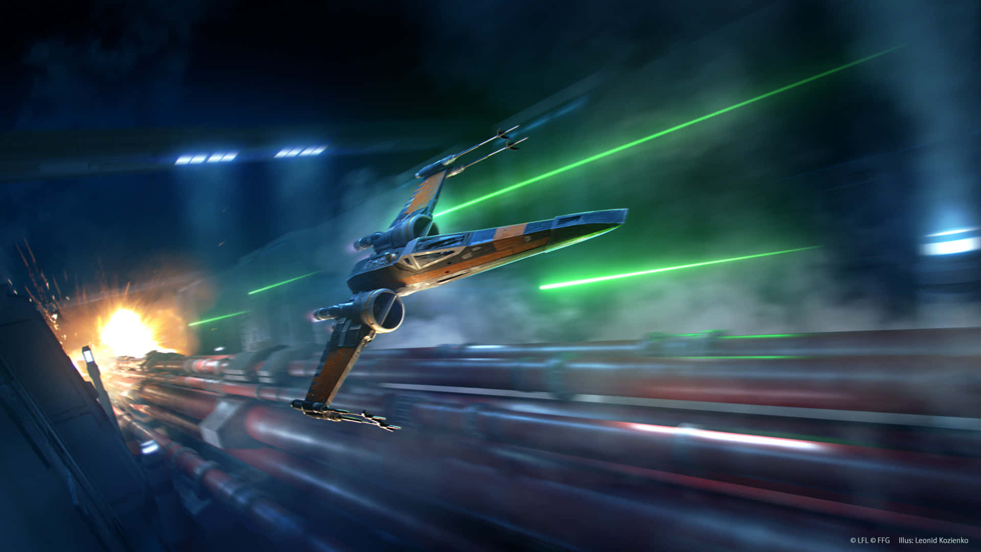準備迎戰的強大X-Wing 壁紙 — 一架星際戰機在黑暗隧道中疾馳，發射綠色激光，爆炸照亮了其後的動態模糊。