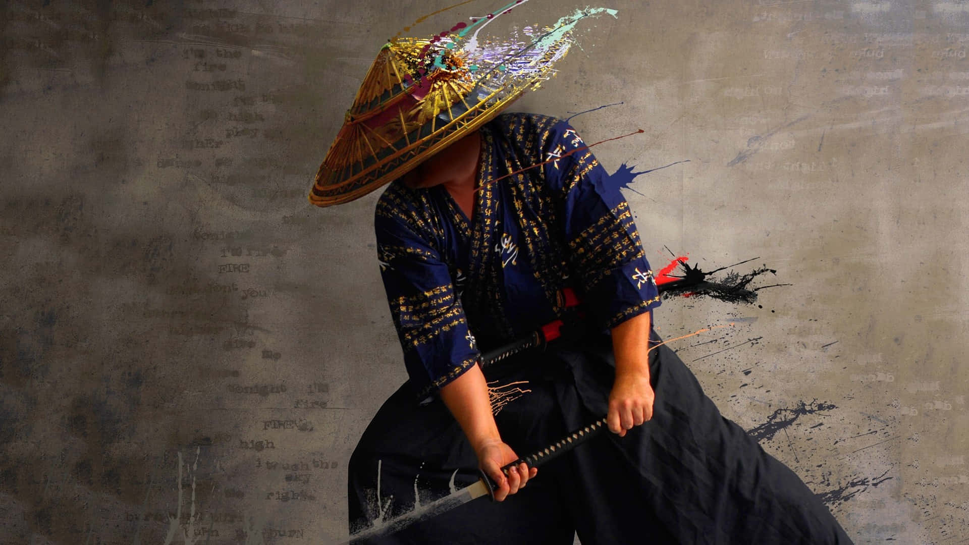 戴草帽的武士戰士，手持劍，灰色牆壁上有油漆飛濺。