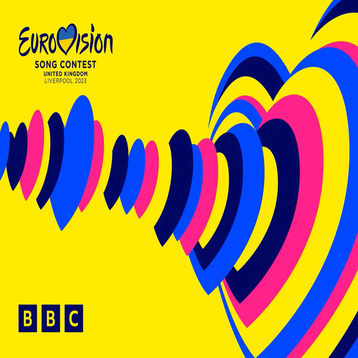 Eurovision Song Contest 2023 標誌，在黃色背景上帶有彩色心形波浪設計。