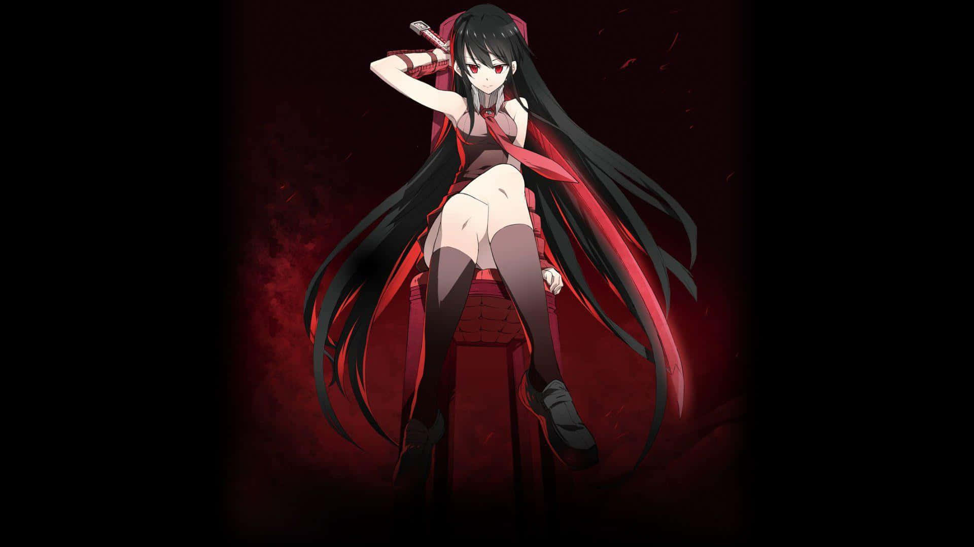準備迎接《Akame Ga Kill》中夜襲隊與「鋼鐵騎士」的終極戰鬥 壁紙 — 一個黑髮紅眼嘅動漫女仔自信咁坐喺一個王座般嘅椅子上，喺血紅色背景下揮舞住一把劍。