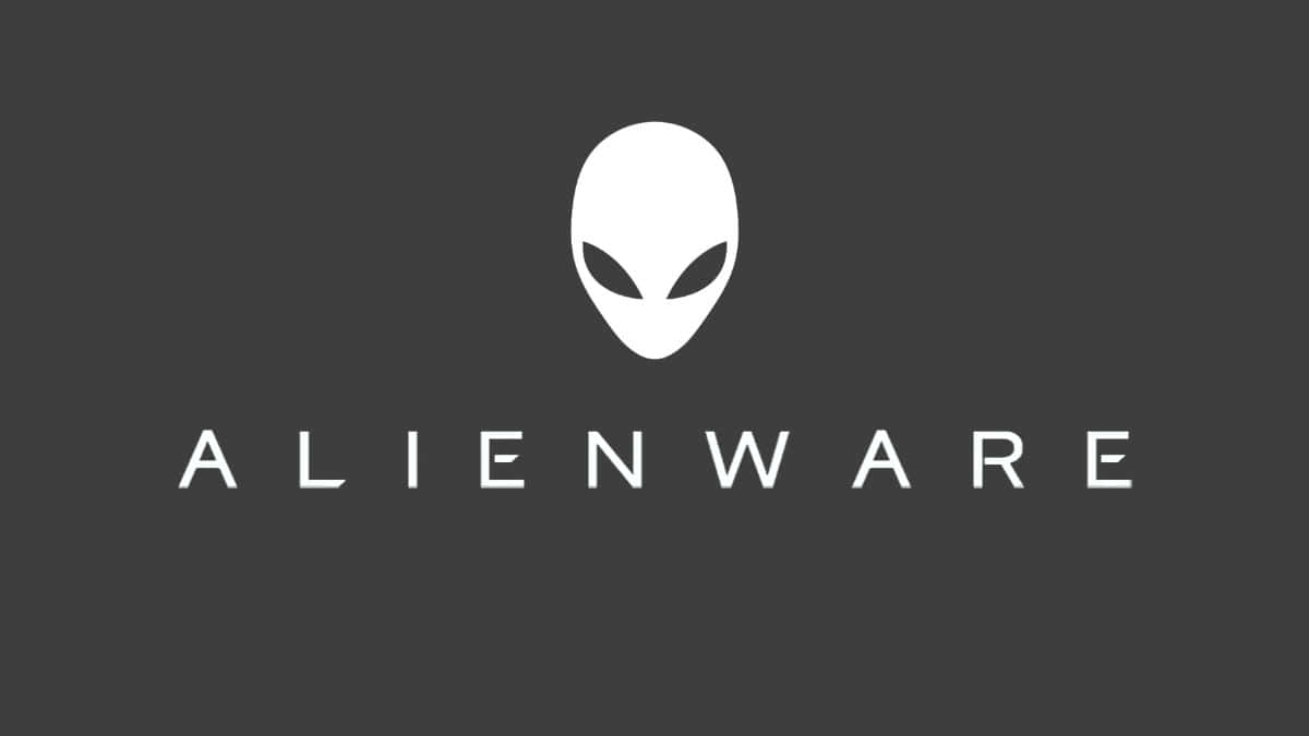 深灰色背景上的Alienware標誌，帶有外星人頭和文字